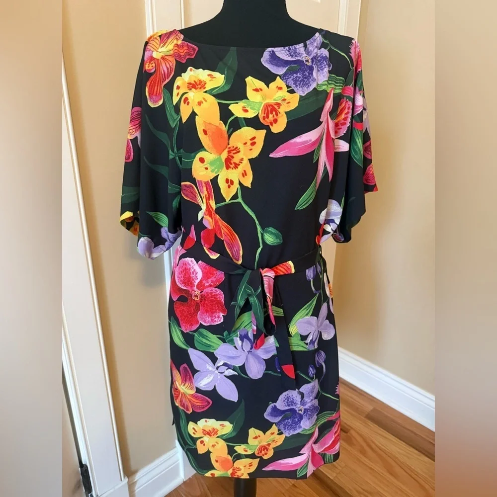 Lands’ End Black Multicolored Floral Dress Short Sleeve Womens Size S (6-8) NWOT - Picture 1 of 14